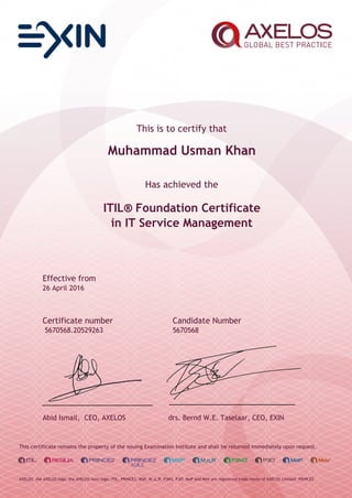 This is to certify that
Muhammad Usman Khan
Has achieved the
ITIL® Foundation Certificate
in IT Service Management
Effective from
26 April 2016
Certificate number Candidate Number
5670568.20529263 5670568
Abid Ismail, CEO, AXELOS drs. Bernd W.E. Taselaar, CEO, EXIN
This certificate remains the property of the issuing Examination Institute and shall be returned immediately upon request.
AXELOS, the AXELOS logo, the AXELOS swirl logo, ITIL, PRINCE2, MSP, M_o_R, P3M3, P3O, MoP and MoV are registered trade marks of AXELOS Limited. PRINCE2
 