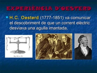 EXPERIÈNCIA D’OESTERD


H.C. Oesterd (1777-1851) va comunicar
el descobriment de que un corrent elèctric
desviava una agulla imantada.

 