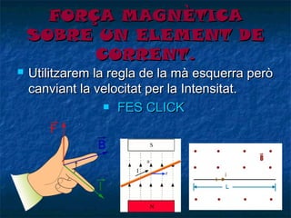 FORÇA ѴұÈձ䴡
SOBRE UN ELEMENT DE
CORRENT.


Utilitzarem la regla de la mà esquerra però
canviant la velocitat per la Intensitat.
 FES CLICK

 