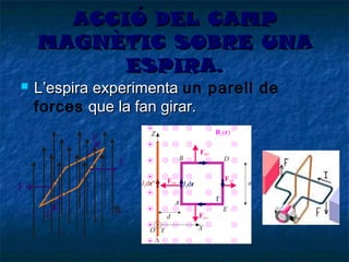 ACCIÓ DEL CAMP
MAGNÈTIC SOBRE UNA
ESPIRA.



L’espira experimenta un parell de
forces que la fan girar.

 