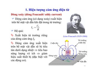 10
Dòng xoáy (dòng Foucault/ eddy current)
1. Hiện tượng cảm ứng điện từ
Léon Foucault (1819-1868)
Dòng cảm ứng (có dạng xoáy) xuất hiện
trên bề mặt vật dẫn khi đặt trong từ trường:
R
I C
F
E
=
Xuất hiện từ trường riêng
của dòng cảm ứng IF
Cuộn dây
Từ trường
cuộn dây
Dòng xoáy
Từ trường
dòng xoáy
Vật dẫn
Hệ quả:
Dòng cảm ứng xuất hiện
trên bề mặt vật dẫn sẽ bị tiêu
tán dưới dạng nhiệt ⇒ tiêu hao
năng lượng vô ích ⇒ giảm
hiệu suất thiết bị (đặc biệt với
các động cơ).
 