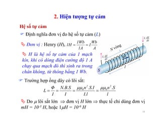 14
2. Hiện tượng tự cảm
Do μ lõi sắt lớn ⇒ đơn vị H lớn ⇒ thực tế chỉ dùng đơn vị
mH = 10-3 H, hoặc 1μH = 10-6 H
Hệ số tự cảm
l
S
N vòng
Trường hợp ống dây có lõi sắt:
l
S.n
I.l
S.I.n
I
N.B.S
I
Φ
L
22
00 μμμμ
====
Đơn vị : Henry (H),
A
Wb
1
1A
1Wb
1H ==
H là hệ số tự cảm của 1 mạch
kín, khi có dòng điện cường độ 1 A
chạy qua mạch đó thì sinh ra trong
chân không, từ thông bằng 1 Wb.
Định nghĩa đơn vị đo hệ số tự cảm (L)
 