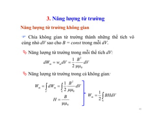 19
3. Năng lượng từ trường
Năng lượng từ trường không gian
Chia không gian từ trường thành những thể tích vô
cùng nhỏ dV sao cho B = const trong mỗi dV.
Năng lượng từ trường trong mỗi thể tích dV:
dV
B
dVwdW mm
0
2
2
1
μμ
==
Năng lượng từ trường trong cả không gian:
∫∫ ==
V 02
1
dV
B
dWW
2
V
mm
μμ
0μμ
=
B
H
∫=
V
2
1
BHdVWm
 