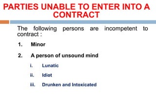 PARTIES UNABLE TO ENTER INTO A
CONTRACT
The following persons are incompetent to
contract :
1. Minor
2. A person of unsound mind
i. Lunatic
ii. Idiot
iii. Drunken and Intoxicated
 