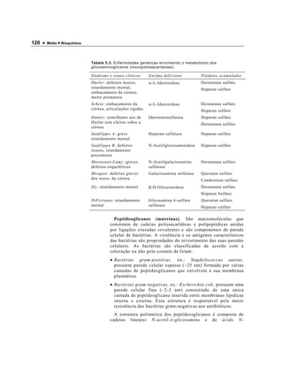 120 •   Motta • Bioquímica




                             Tabela 5.3. Enfermidades genéticas envolvendo o metabolismo dos
                             glicosaminoglicanos (mucopolissacaridoses).

                             Síndrome e sinais clínicos     Enzima deficiente         Produtos acumulados
                             Hurler: defeitos ósseos,       α-L-Iduronidase           Dermatana sulfato
                             retardamento mental,                                     Heparan sulfato
                             embaçamento da córnea,
                             morte prematura
                             Scheie: embaçamento da         α-L-Iduronidase           Dermatana sulfato
                             córnea, articulações rígidas                             Heparan sulfato
                             Hunter: semelhante aos de      Iduronatosulfatase        Heparan sulfato
                             Hurler sem efeitos sobre a                               Dermatana sulfato
                             córnea
                             Sanfilippo A: grave            Heparan sulfatase         Heparan sulfato
                             retardamento mental
                             Sanfilippo B: defeitos         N-Acetilglicosaminidase   Heparan sulfato
                             ósseos, retardamento
                             psicomotor
                             Maroteaux-Lamy: graves         N-Acetilgalactosamina     Dermatana sulfato
                             defeitos esqueléticos          sulfatase
                             Morquio: defeitos graves       Galactosamina sulfatase   Queratan sulfato
                             dos ossos, da córnea                                     Condroitina sulfato
                             Sly: retardamento mental       β-D-Glicuronidase         Dermatana sulfato
                                                                                      Heparan Sulfato
                             DiFerrante: retardamento       Glicosamina 6-sulfato     Queratan sulfato
                             mental                         sulfatase                 Heparan sulfato

                                         Peptideoglicanos (mureínas). São macromoléculas que
                                       consistem de cadeias polissacarídicas e polipeptídicas unidas
                                       por ligações cruzadas covalentes e são componentes da parede
                                       celular de bactérias. A virulência e os antígenos característicos
                                       das bactérias são propriedades do revestimento das suas paredes
                                       celulares. As bactérias são classificadas de acordo com a
                                       coloração ou não pelo corante de Gram:
                                       • Bactérias gram-positivas, ex.: Staphylococcus aureus,
                                         possuem parede celular espessa (~25 nm) formada por várias
                                         camadas de peptídeoglicanos que envolvem a sua membrana
                                         plasmática.
                                       • Bactérias gram-negativas, ex.: Escherichia coli, possuem uma
                                         parede celular fina (~2-3 nm) consistindo de uma única
                                         camada de peptídeoglicano inserida entre membranas lipídicas
                                         interna e externa. Essa estrutura é responsável pela maior
                                         resistência das bactérias gram-negativas aos antibióticos.
                                         A estrutura polimérica dos peptídeosglicanos é composta de
                                       cadeias lineares N-acetil- D -glicosamina e de ácido N-
 