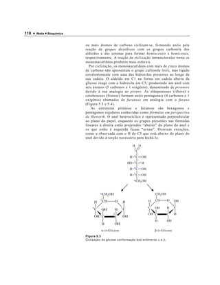 110 •   Motta • Bioquímica



                             ou mais átomos de carbono ciclizam-se, formando anéis pela
                             reação de grupos alcoólicos com os grupos carbonila dos
                             aldeídos e das cetonas para formar hemiacetais e hemicetais,
                             respectivamente. A reação de ciclização intramolecular torna os
                             monossacarídeos produtos mais estáveis
                               Por ciclização, os monossacarídeos com mais de cinco átomos
                             de carbono não apresentam o grupo carbonila livre, mas ligado
                             covalentemente com uma das hidroxilas presentes ao longo da
                             sua cadeia. O aldeído em C1 na forma em cadeia aberta da
                             glicose reage com a hidroxila em C5, produzindo um anel com
                             seis átomos (5 carbonos e 1 oxigênio), denominado de piranose
                             devido à sua analogia ao pirano. As aldopentoses (ribose) e
                             cetohexoses (frutose) formam anéis pentagonais (4 carbonos e 1
                             oxigênio) chamados de furanose em analogia com o furano
                             (Figura 5.3 e 5.4).
                                As estruturas piranose e furanose são hexágonos e
                             pentágonos regulares conhecidas como fórmulas em perspectiva
                             de Haworth. O anel heterocíclico é representado perpendicular
                             ao plano do papel, enquanto os grupos presentes nas fórmulas
                             lineares à direita estão projetados “abaixo” do plano do anel e
                             os que estão à esquerda ficam “acima”. Ocorrem exceções,
                             como a observada com o H do C5 que está abaixo do plano do
                             anel devido à torção necessária para fechá-lo.

                                                                        H    O
                                                                        1C

                                                                    H   2C       OH
                                                                   HO   3C       H
                                                                    H   4C       OH
                                                                    H   5C       OH
                                                                        6 CH OH
                                                                            2



                                         6 CH
                                              2 OH                                        CH2 OH
                                         5
                                             CH       O                               H   CH       O      OH
                                     H                         H
                                 4                         1                          C   OH       H      C
                                     C   OH           H        C
                                                  2                                   OH C         C      H
                                     OH 3 C           C        OH
                                                                                          H        OH
                                         H            OH
                                         α- D -Glicose                                    β- D -Glicose
                             Figura 5.3
                             Ciclização da glicose conformação dos anômeros α e β.
 