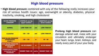 High blood pressure
• High blood pressure combined with any of the following really increases your
risk of serious health issues: age, overweight or obesity, diabetes, physical
inactivity, smoking, and high cholesterol
Prolong high blood pressure can
damage arterial wall, mess with your
circulation and ultimately endanger
your heart, lungs, brain, kidneys, and
nearly every part of your your body.
 