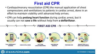 • Cardiopulmonary resuscitation (CPR) the manual application of chest
compressions and ventilations to patients in cardiac arrest, done in an
effort to maintain viability until advanced help arrives.
• CPR can help prolong heart function during cardiac arrest, but it
usually can not save a life without help from a defibrillator.
First aid CPR
 