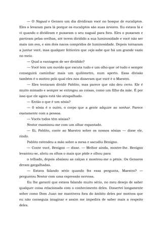 — O Nagual e Genaro um dia dividiram você no bosque de eucaliptos.
Eles o levaram para lá porque os eucaliptos são suas árvores. Eu estava lá e
vi quando o dividiram e puxaram o seu nagual para fora. Eles o puxaram e
partiram pelas orelhas, até terem dividido a sua luminosidade e você não ser
mais um ovo, e sim dois nacos compridos de luminosidade. Depois tornaram
a juntar você, mas qualquer feiticeiro que veja sabe que há um grande vazio
no meio.
— Qual a vantagem de ser dividido?
— Você tem um ouvido que escuta tudo e um olho que vê tudo e sempre
conseguirá caminhar mais um quilômetro, num aperto. Essa divisão
também é o motivo pelo qual eles nos disseram que você é o Maestro.
— Eles tentaram dividir Pablito, mas parece que não deu certo. Ele é
muito mimado e sempre se entregou as coisas, como um filho da mãe. É por
isso que ele agora está tão atrapalhado.
— Então o que é um sósia?
— 0 sósia é o outro, o corpo que a gente adquire ao sonhar. Parece
exatamente com a pessoa.
— Vocês todos têm sósias?
Nestor examinou-me com um olhar espantado.
— Ei, Pablito, conte ao Maestro sobre os nossos sósias — disse ele,
rindo.
Pablito estendeu a mão sobre a mesa e sacudiu Benigno.
— Conte você, Benigno — disse. — Melhor ainda, mostre-lhe. Benigno
levantou-se, abriu os olhos o mais que pôde e olhou para
o telhado, depois abaixou as calças e mostrou-me o pênis. Os Genaros
deram gargalhadas.
— Estava falando sério quando fez essa pergunta, Maestro? —
perguntou Nestor com uma expressão nervosa.
Eu lhe garanti que estava falando muito sério, no meu desejo de saber
qualquer coisa relacionada com o conhecimento deles. Dissertei longamente
sobre como Dom Juan me mantivera fora do âmbito deles por motivos que
eu não conseguia imaginar e assim me impedira de saber mais a respeito
deles.
 