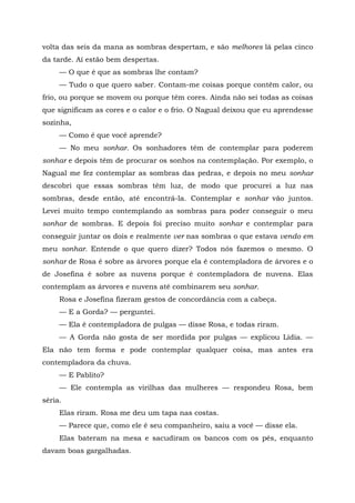 volta das seis da mana as sombras despertam, e são melhores lá pelas cinco
da tarde. Aí estão bem despertas.
— O que é que as sombras lhe contam?
— Tudo o que quero saber. Contam-me coisas porque contêm calor, ou
frio, ou porque se movem ou porque têm cores. Ainda não sei todas as coisas
que significam as cores e o calor e o frio. O Nagual deixou que eu aprendesse
sozinha,
— Como é que você aprende?
— No meu sonhar. Os sonhadores têm de contemplar para poderem
sonhar e depois têm de procurar os sonhos na contemplação. Por exemplo, o
Nagual me fez contemplar as sombras das pedras, e depois no meu sonhar
descobri que essas sombras têm luz, de modo que procurei a luz nas
sombras, desde então, até encontrá-la. Contemplar e sonhar vão juntos.
Levei muito tempo contemplando as sombras para poder conseguir o meu
sonhar de sombras. E depois foi preciso muito sonhar e contemplar para
conseguir juntar os dois e realmente ver nas sombras o que estava vendo em
meu sonhar. Entende o que quero dizer? Todos nós fazemos o mesmo. O
sonhar de Rosa é sobre as árvores porque ela é contempladora de árvores e o
de Josefina é sobre as nuvens porque é contempladora de nuvens. Elas
contemplam as árvores e nuvens até combinarem seu sonhar.
Rosa e Josefina fizeram gestos de concordância com a cabeça.
— E a Gorda? — perguntei.
— Ela é contempladora de pulgas — disse Rosa, e todas riram.
— A Gorda não gosta de ser mordida por pulgas — explicou Lídia. —
Ela não tem forma e pode contemplar qualquer coisa, mas antes era
contempladora da chuva.
— E Pablito?
— Ele contempla as virilhas das mulheres — respondeu Rosa, bem
séria.
Elas riram. Rosa me deu um tapa nas costas.
— Parece que, como ele é seu companheiro, saiu a você — disse ela.
Elas bateram na mesa e sacudiram os bancos com os pés, enquanto
davam boas gargalhadas.
 