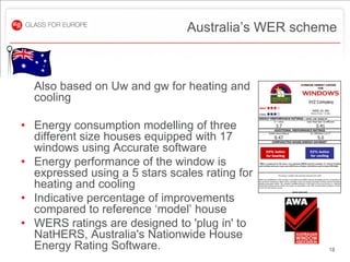 Australia’s WER scheme



  Also based on Uw and gw for heating and
  cooling

• Energy consumption modelling of three
  different size houses equipped with 17
  windows using Accurate software
• Energy performance of the window is
  expressed using a 5 stars scales rating for
  heating and cooling
• Indicative percentage of improvements
  compared to reference ‘model’ house
• WERS ratings are designed to 'plug in' to
  NatHERS, Australia's Nationwide House
  Energy Rating Software.                           18
 
