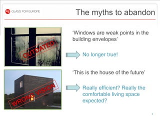 The myths to abandon

‘Windows are weak points in the
building envelopes’

    No longer true!


‘This is the house of the future’

    Really efficient? Really the
    comfortable living space
    expected?

                                    3
 