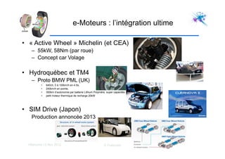 Villaroche 13 Nov 2012 D Fraboulet
e-Moteurs : l’intégration ultime
• « Active Wheel » Michelin (et CEA)
– 55kW, 58Nm (par roue)
– Concept car Volage
• Hydroquébec et TM4
– Proto BMW PML (UK)
• 640ch, 0 à 100km/h en 4.5s,
• 240km/h en pointe,
• 350km d’autonomie par batterie Lithium Polymère, super capacités
• petit moteur thermique de recharge 20kW
• SIM Drive (Japon)
Production annoncée 2013
 