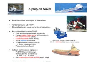 Villaroche 13 Nov 2012 D Fraboulet
• Initié sur navires techniques et méthaniers
• Tendance lourde US NAVY
• Généralisation en cours sur ferries et paquebots
• Propulsion électrique / e-PODS
– Evite redondance des Diesels embarqués
– Permet rotation Diesel accrue (600rpm) et donc
très forts rendements (>50%)
– Facilite habitabilité navire (ferries)
– Ajoute flexibilité d’utilisation
– + de Maniabilité du navire (PODS)
• Moteur intégré dans l’hélice
– Puissance (brises glaces)
• Acteurs commerciaux typiques :
– PhiDRIVE Inpower (Norway)
– Daihatsu Electro- Générateurs
• 6MW 12 cyl …85 Tonnes.
– Des projets jusque 20MW au POD sont à l’étude
e-prop en Naval
Diesel Electro Générateur Daihatsu 12DK-36e :
6325 kW => 6000 kWe (95% de rendement de conversion).
 