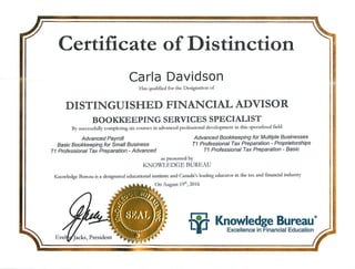 J
Certificate ofDistinction
Carla Davidson
Has qualified for the Designation of
DISTINGUISHED FINANCIAL ADVISOR
BOOKKEEPING SERVICES SPECIALIST
By successfully completingsix coursesin advanced professional dcvelopmcnr in this specialized field
Advanced Payroll
Basic Bookkeeping forSmallBusiness
T1 Professional Tax Preparation - Advanced
as presented by
KNOXSCTJi'DGE BUREAU
Advanced Bookkeepingfor Multiple Businesses
71 Professional Tax Preparation - Propn'etorshlps
T1 Professional Tax Preparation - Basic
I<nowledgeBureauis a designated educationalinstituteand Canada'sleadingeducatorin the tax and financialindustry'
On August19"',2016
?,President
tp Knowledge Bureau
Excellence In Financial Education
f
 