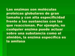 Las enzimas son moléculas proteicas globulares de gran tamaño y con alta especificidad frente a las sustancias con las que reaccionan. Por ejemplo, no cualquier enzima puede actuar sobre una substancia como el almidón, la enzima específica es la amilasa  