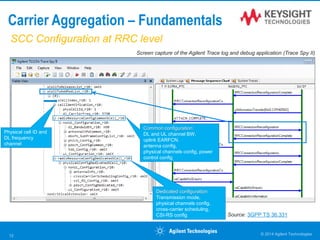 Carrier Aggregation – Fundamentals
Physical cell ID and
DL frequency
channel
Common configuration:
DL and UL channel BW,
uplink EARFCN,
antenna config,
physical channels config, power
control config
Dedicated configuration:
Transmission mode,
physical channels config,
cross-carrier scheduling,
CSI-RS config Source: 3GPP TS 36.331
SCC Configuration at RRC level
Screen capture of the Agilent Trace log and debug application (Trace Spy II)
© 2014 Agilent Technologies12
 