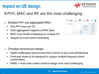Impact on UE design
o Multiple PHY and aggregated MAC:
 One PHY layer per CC
 Data aggregation happens at MAC layer
 MAC must handle scheduling on multiple CC
 Support of cross-carrier scheduling
o Complex transceivers design:
 Highly challenging radio environment in terms of spur and self-blocking
 Front-end needs to be designed to support multiple frequency band
combinations
 MIMO + multi chain makes antenna design even more challenging
© 2014 Agilent Technologies20
PHY, MAC and RF are the most challenging
 