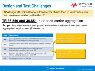 Design and Test Challenges
TR 36.850 and 36.851 Inter-band carrier aggregation
Scope: To gather relevant background and studies to address Inter-band carrier
aggregation requirements (Release 11)
Class Description
A1
Low-high band combination without harmonic relation
between bands or intermodulation problem
A2
Low-high band combination with harmonic relation between
bands
A3
Low-low or high-high band combination without
intermodulation problem (low order IM)
A4
Low-low, low-high or high-high band combination with
intermodulation problem (low order IM)
A5 Combination except for A1 – A4
Harmonics may cause
degradation in the performance of
the high band receiver
The use of diplexers to split and
combine RF chains are very
challenging
© 2014 Agilent Technologies22
Challenge #2 : Simultaneous transceiver chains lead to intermodulation
and cross-modulation within the UE.
 