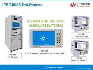 LTE T4000S Test Systems
© 2014 Agilent Technologies29
T4110S
LTE Protocol Tester
T4020S
LTE RRM Tester
ALL BASED ON THE SAME
HARDWARE PLATFORM
T4010S
LTE RF Tester
T2010A
LTE Wireless Communications Test Set
 