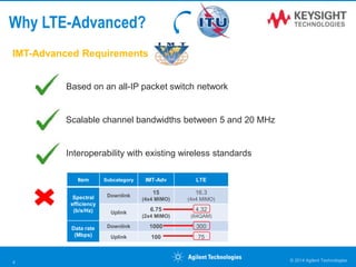 Why LTE-Advanced?
IMT-Advanced Requirements
Based on an all-IP packet switch network
Scalable channel bandwidths between 5 and 20 MHz
Interoperability with existing wireless standards
© 2014 Agilent Technologies4
Item Subcategory IMT-Adv LTE
Spectral
efficiency
(b/s/Hz)
Downlink
15
(4x4 MIMO)
16.3
(4x4 MIMO)
Uplink
6.75
(2x4 MIMO)
4.32
(64QAM)
Data rate
(Mbps)
Downlink 1000 300
Uplink 100 75
 