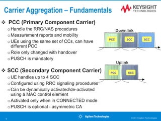  PCC (Primary Component Carrier)
oHandle the RRC/NAS procedures
oMeasurement reports and mobility
oUEs using the same set of CCs, can have
different PCC
oRole only changed with handover
oPUSCH is mandatory
 SCC (Secondary Component Carrier)
oUE handles up to 4 SCC
oConfigured using RRC signaling procedures
oCan be dynamically activated/de-activated
using a MAC control element
oActivated only when in CONNECTED mode
oPUSCH is optional - asymmetric CA
Carrier Aggregation – Fundamentals
© 2014 Agilent Technologies9
SCC SCCPCC
Downlink
PCC SCC
Uplink
 