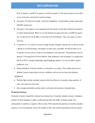 TN(T) CORPORATION
Page 4 of 5
$0.35 in quarter 2, and $0.35 in quarter 2 to $0.42 in quarter 3). This increase had a severe effect
on our net income transferred to retained earnings.
● 4th quarter: We borrowed too little, which led to liquidation of marketable securities and around
$300,000 penalty loan.
● 5th quarter: Once again, we were unprepared for the amount of units that needed to be produced
to satisfy market demand. When we saw that demand was projected to be at 123,000 for quarter
five, we did not have the facilities to meet that level of production. Thus, once again, we had a
stock-out.
● In quarters of 7, 8, 9 and 10, we had very high machine and plant capacity, but we did not use this
capacity to our full advantage, and produce as many units as possible. We did not make use of
economies of scale, and as a result we saw production costs skyrocket. The production costs for
quarters 7-10 ranged from $74.90 to $80.80, while production costs for quarters 1-6 ranged from
$69.36 to $72.21. Despite undertaking capital budgeting projects, we were not able to reduce
production costs.
● Reduced dividend in the later rounds in an attempt to save money. These sudden decreases in
dividend caused a major drop in investor confidence and we saw our share price plummet.
b. Success:
● Maintain high machine and plant capacity which has allowed us to produce large quantities of
units, and rarely face stock-outs.
 Have enough marketable securities and/or cash to prevent incurrence of penalty loans
Production Strategy:
Production of goods required the continued use and purchase of machine and plant capacity. Inadequate
amounts of either machinery or plant, would adversely affect the ability to produce goods, and
subsequently it would have a negative effect on sales. With regards to the purchase of machine and plant
capacity, it was very important to know the number of units that would be demanded in the next quarter.
 
