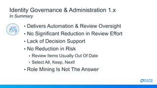 • Delivers Automation & Review Oversight
• No Significant Reduction in Review Effort
• Lack of Decision Support
• No Reduction in Risk
• Review Items Usually Out Of Date
• Select All, Keep, Next!
• Role Mining Is Not The Answer
Identity Governance & Administration 1.x
In Summary
 