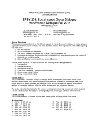 Office of Inclusion and Intercultural Relations (OIIR)
University of Illinois
EPSY 203: Social Issues Group Dialogue
Men/Women Dialogue Fall 2014
Meets Mondays, 3-4:50 pm,
137 Armory
Laura Brenneman
lbrennem@illinois.edu
Office Hours: Thurs, 10:30–11:30 a.m.;
Fri, 10:30–11:30 a.m.
Micah Heumann
mheumann@illinois.edu
Office Hours: by appointment
Course Objectives
This course introduces students to the different aspects of men and women’s relations by having students
explore the histories, social contexts, and ideas that have shaped their experiences. We will be exploring
five main areas:
1) Our own identities
2) Group similarities and differences
3) The history between our groups and its legacy for contemporary life
4) Institutional and cultural factors that influence individual and group experiences in the context of
structural and social inequality
5) Roles and factors in working with and across differences
Through these objectives, we hope to achieve the following six learning outcomes:
1) Self-reflection
2) Perspective taking
3) Multi-layered listening
4) Expanding knowledge / correcting misinformation
5) Strong-sense critical thinking
6) Strong sense critical inquiry
Course Method
This course uses a structured, intergroup dialogue format that requires participation in both class
discourse and activities. You are encouraged to bring personal experiences and perspectives to the
critical analysis of weekly readings and dialogue topics. We use experiential learning exercises in
addition to the weekly readings, reflective writing assignments, and intergroup dialogue.
We, as the instructors/facilitators for this course, work to create a learning environment where students
can feel safe to explore the topics, be challenged by them, and engage with their fellow students.
Course Grading
This course based on 100-points. You will earn a letter grade according to the scale below.
Grading Scale:
97 –100% = A+ 97-100 pts
94 – 96% = A 94-96 pts
90 - 93% = A- 90-93 pts
87 - 89% = B+ 87-89 pts
84 - 86% = B 84-86 pts
80 - 83% = B- 80-83 pts
77 - 79% = C+ 77-79 pts
74 - 76% = C 74-76 pts
70 - 73% = C- 70-73 pts
67 - 69% = D+ 67-69 pts
64 - 66% = D 64-66 pts
60 - 63% = D- 60-63 pts
59% = F 59 pts or 
 
