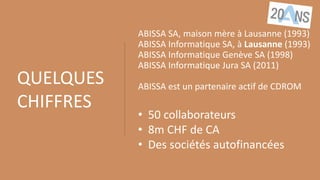 QUELQUES
CHIFFRES
ABISSA SA, maison mère à Lausanne (1993)
ABISSA Informatique SA, à Lausanne (1993)
ABISSA Informatique Genève SA (1998)
ABISSA Informatique Jura SA (2011)
ABISSA est un partenaire actif de CDROM
• 50 collaborateurs
• 8m CHF de CA
• Des sociétés autofinancées
 