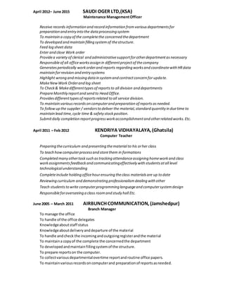 April 2012– June 2015 SAUDI OGER LTD,(KSA)
Maintenance ManagementOfficer
Receive records information and record information fromvariousdepartmentsfor
preparation and entry into the data processing system
To maintain a copy of the completethe concerned thedepartment
To developed and maintain filling systemof thestructure.
Feed log sheet data
Enter and close Work order
Providea varietyof clerical and administrativesupportforotherdepartmentasnecessary
Responsibleof all officeworksassign in differentprojectof thecompany
Generatesperiodically workorderand reports regarding worksand coordinatewith HRdata
maintain forrevision and entry systems
Highlight wrong and missing data in systemand contractconcern for update.
MakeNewWork Orderand log sheet
To Check& Makedifferenttypesof reportsto all division and departments
PrepareMonthly reportand send to Head Office.
Providesdifferenttypesof reportsrelated to all service division.
To maintain variousrecordson computerand preparation of reportsasneeded.
To followup the supplier / vendorsto deliver the material,standard quantity in duetime to
maintain lead time,cycle time & safety stockposition.
Submitdaily completion reportprogressworkaccomplishmentand otherrelated works.Etc.
April 2011 – Feb 2012 KENDRIYA VIDHAYALAYA, (Ghatsila)
Computer Teacher
Preparing thecurriculum and presenting thematerial to his orher class
To teach howcomputerprocessand storethem in formations
Completed many othertasksuch astracking attendanceassigning homeworkand class
workassignmentsfeedbackand communicatingeffectively with studentsatall level
technologicalunderstanding
Completeinclude holding officehourensuring theclass materialsare up to date
Reviewing curriculum and demonstrating professionalismdealing with other
Teach studentsto write computerprogramming languageand computersystemdesign
Responsibleforoverseeing a class roomand study hall Etc.
June 2005 – March 2011 AIRBUNCH COMMUNICATION, (Jamshedpur)
Branch Manager
To manage the office
To handle of the office delegates
Knowledgeaboutstaff status
Knowledgeaboutdeliveryanddeparture of the material
To handle andcheck the incomingandoutgoingregisterandthe material
To maintaina copyof the complete the concernedthe department
To developedandmaintainfillingsystemof the structure.
To prepare reportson the computer.
To collectvariousdepartmentalovertime reportandroutine office papers.
To maintainvariousrecordsoncomputerand preparationof reportsasneeded.
 