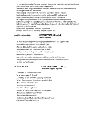 To followupthe supplier/vendorstodeliverthe material,standardquantityindue time to
maintainleadtime,cycle time &safetystockposition.
Performinginthe preparationof dailycomplete detailsof issuedandreceivedmaterial
includingestimate costof materials.
Preparationof purchase order& requisitionagainstthe material request
Passingall transmittal toaccountsectionforupdatingof Bill andPayment
Collectionquotationbyvendorandinformingtime totime forbeading
Dealingall correspondence withthe supplier/ vendorincomputerenvironment
Submitdailycompletionreportprogressworkaccomplishmentandotherrelatedworks.
Submittingmonthlyreportof receivedandissuedmaterialswithestimatedcostof material
Handlingoverseasmaterials
Collectionof requirementfromusesdepartment.
Overall I am well versedin workof office Assistance.etc.
June 2003 – March 2005 NECM PVT.LTD, (Ranchi)
Center Manager
To Check& Preparedifferenttypesof reportsto all division and departments
PrepareMonthly reportand send to Head Office.
Manage&distribute theoffice workbetween staffs.
PrepareTimesheet and Attendancesheetof Staff .
To check and prepareledger accountand checkinvoice.
Responsibleof financeof the company
Responsibleof all officeworksassign in differentprojectof thecompany
Highlight wrong and missing data in systemand contractconcern for update
To check and feed invoice
Feb2001 – Dec 2001 SIGMA COMPUTERS (Ranchi)
CustomerSupport Engineer
Responsible of customer satisfaction
To do team work with the staff
Assembling of new computer according to demand
Deliver the computer to the customers required place
Make partition of hard disk drive
Install the operating system
Install the software application
Installing of Hardware peripherals of the Computer
Maintenance and Servicing of Printer
Maintenance of Computers. Etc.
Trouble shooting of Network and also Computer System
Checking of Network Connection
 