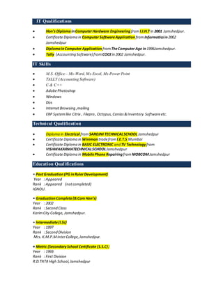 IT Qualifications
 Hon’s Diploma inComputerHardware Engineering fromI.I.H.T in 2001 Jamshedpur.
 Certificate Diploma in Computer SoftwareApplication fromInformaticsin 2002
Jamshedpur
 DiplomainComputer Application fromTheComputer Age in 1996Jamshedpur.
 Tally (Accounting Software) from COCEin 2002 Jamshedpur.
IT Skills
 M.S. Office – Ms-Word,Ms-Excel, Ms-Power Point
 TALLY (Accounting Software)
 C & C++
 AdobePhotoshop
 Windows
 Dos
 InternetBrowsing ,mailing
 ERP Systemlike Citrix , Filepro , Octopus,Canias&Inventory Softwareetc.
Technical Qualification
 Diploma in Electrical fromSAROJNI TECHNICALSCHOOL Jamshedpur
 Certificate Diploma in Wiremantradefrom I.E.T.S Mumbai
 Certificate Diploma in BASIC ELECTRONIC and TV Technologyfrom
VISHWAKARMATECHNICALSCHOOLJamshedpur
 Certificate Diploma in MobilePhone RepairingfromMOBCOMJamshedpur
Education Qualifications
• PostGraduation(PG inRuler Development)
Year : Appeared
Rank : Appeared (notcompleted)
IGNOU.
• GraduationComplete(B.Com Hon’s)
Year : 2002
Rank : Second Class
KarimCity College, Jamshedpur.
• Intermediate(I.Sc)
Year : 1997
Rank : Second Division
Mrs. K.M.P.MInterCollege,Jamshedpur.
• Metric {SecondarySchool Certificate (S.S.C)}
Year : 1993
Rank : First Division
R.D.TATA High School,Jamshedpur
 