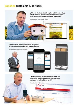 „Microtronics helped us to implement this technology
which allows to offer our services all over the world,
in an industrial standard required at the present.“
Felix Rudolph, CEO Fieldeye GmbH
„In a minimum of time Microtronics integrated
technology professionally into the Paket Butler.“
Dr. Reimer Hintzpeter, CEO feldsechs
„As a rule, that is to say if overhead power line
monitoring is used, we assume that operating
costs can be reduced by 15-30 %.“
Horst Hopitzan, CEO micca
Satisfied customers & partners
 