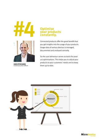 Product
#4 Optimise
your products
constantly.
Connected products offer the great benefit that
you get insights into the usage of your products.
Usage data of various devices is managed,
documented and analysed centrally.
So the user behaviour serves as basis for prod-
uct optimisations. This helps you to adjust your
products to your customers’ needs and to keep
them up-to-date.
Hans-PeterBuber
Chief Executive Officer
 