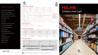 HiLink
Linkable Linear Light
Photometric Diagrams
Mounting Options
HiLink Product Range
Part Number
Lumen Output
Wattage
Luminous Efficacy
CCT
CRI
Beam Angle
Input Voltage
IP Rating
LED Driver
HID Equivalent
Certification Pending
LHB04-065
8,450lm
65W
160W
130lm/W
LHB04-065
8,450lm
65W
160W
130lm/W
LHB04-065
8,450lm
65W
160W
130lm/W
LHB04-065
8,450lm
65W
160W
130lm/W
L00301
>Ra70
220-240Vac 50-60Hz PF≥0.95
IP20
Osram
CE
5000K
30°x100°, 60°x120°, 80°x100°, 80°x100°(one-sided polarized 25°), 80°x100°(double-sided polarized 25°)
IP20
IP20
Address: Building B, High-Tech Park, Jian'an Road No.3, Tangwei Community, Fuyong, Bao'an District, Shenzhen, China.All info here ONLY for reference, please confirm with our sales before order.
Tel: +86-755-33581001 / 33581006 Fax: +86-755-33580559 E-mail: info@agcled.com Website: www.agcled.com
V2.1
ISO9001: 2008
1.fix the rope.
2.hang to the wiring track.
6.fasten up the fixture.
6.fasten up the fixture.
2.hang to the wiring track.
3.connect up the next wiring track.
4.tear down the last
connection plate of
track.
7.install the
end cap.
5.connect up
the power wires.
2.hang to the wiring track.
1.fix the rope. 1.fix the rope.
• High performance design with Nichia SMD
• Luminous flux up to 8,450lm (65W)
• Electricity: 220-240Vac, 50/60Hz, PF>0.95
•
Energy saving up to 90%•
CCT: 5000K•
CRI > Ra70•
Beam angle: 30°x100°, 60°x120°, 80°x100°,•
Superior uniformity
Superior temperature stability
Temperature tested at toughest conditions
•
Osram driver
•
•
•
•
Body: Aluminum alloy
•
•
•
IP20 protection rating
5 years warranty
HiLink, the outperformer
LED Lifespan > 50,000 hours (Ta=30 @L70)
Operating temp: -30~+50
Control Options
Part number indicates which type of control it is.
Occupancy Control DALI Control 1-10V Dimming Control
+ + + + ...
When connected to
220V single phase
power, the quantity
of continuously
spliced modules can
be 50pcs max, while
it will be 150pcs to
three-phase 380V.
80°x100°(double-sided polarized 25°)
80°x100°(one-sided polarized 25°),
0
4000
8000
12000
16000
20000
L00302
0
1000
2000
3000
4000
5000
L00303
0
1400
2800
4200
5600
7000
L00305
0
3000
6000
9000
12000
15000
L00304
0
1700
3400
5100
6800
8500
 