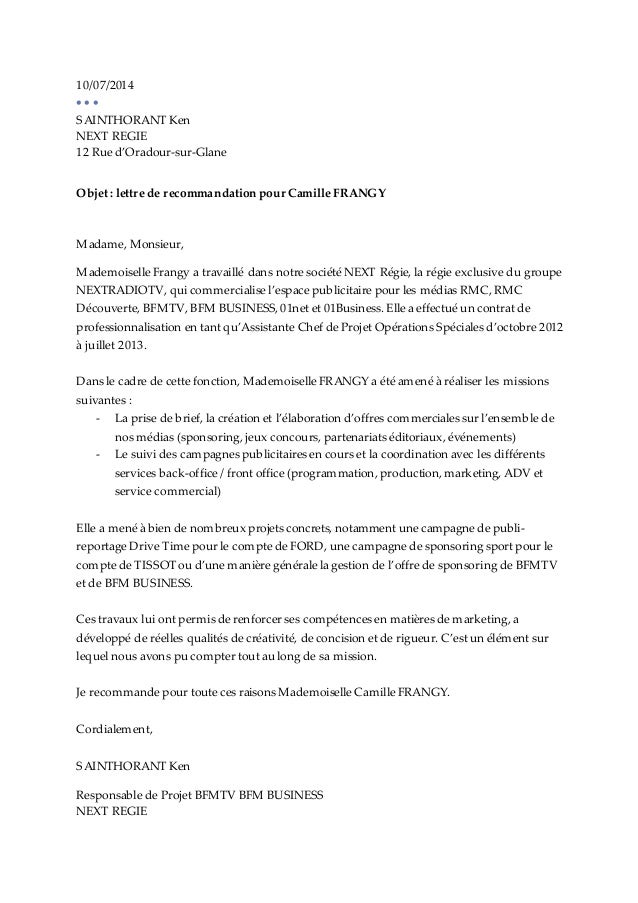 Lettre De Recommandation Chef De Projet 