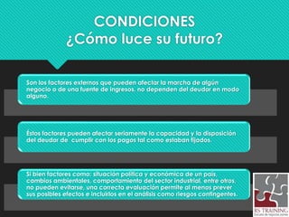 CONDICIONES
¿Cómo luce su futuro?
Son los factores externos que pueden afectar la marcha de algún
negocio o de una fuente de ingresos, no dependen del deudor en modo
alguno.
Éstos factores pueden afectar seriamente la capacidad y la disposición
del deudor de cumplir con los pagos tal como estaban fijados.
Si bien factores como: situación política y económica de un país,
cambios ambientales, comportamiento del sector industrial, entre otros,
no pueden evitarse, una correcta evaluación permite al menos prever
sus posibles efectos e incluirlos en el análisis como riesgos contingentes.
 