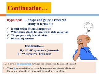 Continuation…
Hypothesis---- Shape and guide a research
study in terms of:
 Identification of study sample size
 What issues should be involved in data collection
 The proper analysis of the data
 Data interpretation
Traditionally…..
H0: “Null” hypothesis (assumed)
H1: “Alternative” hypothesis
H0: There is no association between the exposure and disease of interest
H1: There is an association between the exposure and disease of interest
(beyond what might be expected from random error alone)
 