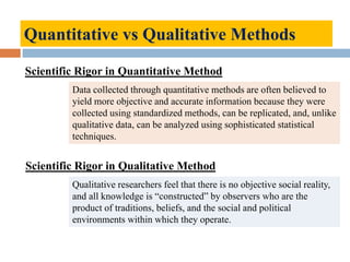 Quantitative vs Qualitative Methods
Data collected through quantitative methods are often believed to
yield more objective...