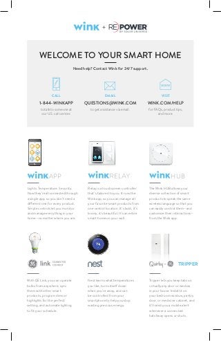Lights. Temperature. Security.
Now they’re all connected through
a single app, so you don’t need a
different one for every product.
Simple controls let you monitor
and manage everything in your
home—no matter where you are.
With GE Link, you can operate
bulbs from anywhere, sync
them with other smart
products, program dims or
highlights for the perfect
setting, and automate lighting
to fit your schedule.
Relay is a touchscreen controller
that’s tailored to you. It runs the
Wink app, so you can manage all
your favorite smart products from
one central location. It’s bold, it’s
brainy, it’s beautiful. It’s an entire
smart home on your wall.
Nest learns what temperatures
you like, turns itself down
when you’re away, and can
be controlled from your
smartphone to help you stop
wasting precious energy.
The Wink HUB allows your
diverse collection of smart
products to speak the same
wireless language so that you
can easily control them—and
customize their interactions—
from the Wink app.
Tripper lets you keep tabs on
virtually any door or window
in your house. Install it on
your bedroom window, pantry
door, or medicine cabinet, and
it’ll send you a mobile alert
whenever a connected
hatchway opens or shuts.
HUBAPP
WELCOME TO YOUR SMART HOME
Need help? Contact Wink for 24/7 support.
CALL EMAIL VISIT
1-844-WINKAPP QUESTIONS@WINK.COM WINK.COM/HELP
to talk to someone at
our U.S. call center.
to get assistance via email. for FAQs, product tips,
and more.
TRIPPER
 