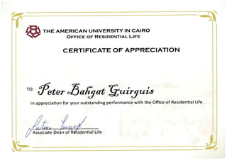 Certificate of Appreciation from American University in Cairo