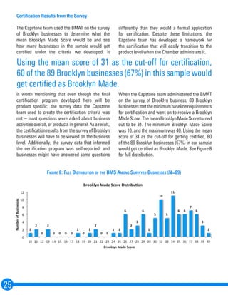 25
Certification Results from the Survey
The Capstone team used the BMAT on the survey
of Brooklyn businesses to determine what the
mean Brooklyn Made Score would be and see
how many businesses in the sample would get
certified under the criteria we developed. It
is worth mentioning that even though the final
certification program developed here will be
product specific, the survey data the Capstone
team used to create the certification criteria was
not – most questions were asked about business
activities overall, or products in general. As a result,
the certification results from the survey of Brooklyn
businesses will have to be viewed on the business
level. Additionally, the survey data that informed
the certification program was self-reported, and
businesses might have answered some questions
differently than they would a formal application
for certification. Despite these limitations, the
Capstone team has developed a framework for
the certification that will easily transition to the
product level when the Chamber administers it.
When the Capstone team administered the BMAT
on the survey of Brooklyn business, 89 Brooklyn
businessesmettheminimumbaselinerequirements
for certification and went on to receive a Brooklyn
MadeScore.ThemeanBrooklynMadeScoreturned
out to be 31. The minimum Brooklyn Made Score
was 10, and the maximum was 40. Using the mean
score of 31 as the cut-off for getting certified, 60
of the 89 Brooklyn businesses (67%) in our sample
would get certified as Brooklyn Made. See Figure 8
for full distribution.
Figure 8: Full Distribution of the BMS Among Surveyed Businesses (N=89)
Using the mean score of 31 as the cut-off for certification,
60 of the 89 Brooklyn businesses (67%) in this sample would
get certified as Brooklyn Made.
 