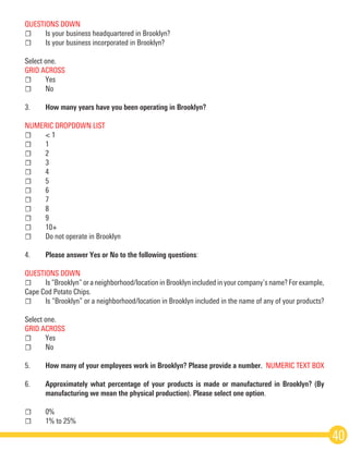 QUESTIONS DOWN
☐	 Is your business headquartered in Brooklyn?
☐	 Is your business incorporated in Brooklyn?
Select one.
GRID ACROSS
☐	Yes
☐	No
3.	 How many years have you been operating in Brooklyn?
NUMERIC DROP­DOWN LIST
☐	 < 1
☐	1
☐	2
☐	3
☐	4
☐	5
☐	6
☐	7
☐	8
☐	9
☐	10+
☐	 Do not operate in Brooklyn
4.	 Please answer Yes or No to the following questions:  
QUESTIONS DOWN  
☐	 Is “Brooklyn” or a neighborhood/location in Brooklyn included in your company’s name? For example,
Cape Cod Potato Chips.  
☐	 Is “Brooklyn” or a neighborhood/location in Brooklyn included in the name of any of your products?
Select one.
GRID ACROSS
☐	Yes
☐	No
5.	 How many of your employees work in Brooklyn? Please provide a number.  NUMERIC TEXT BOX
6.	 Approximately what percentage of your products is made or manufactured in Brooklyn? (By
	 manufacturing we mean the physical production). Please select one option.
☐	0%
☐	 1% to 25%
40
 