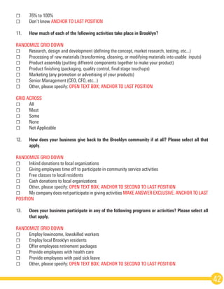 ☐	 76% to 100%
☐	 Don’t know ANCHOR TO LAST POSITION  
11.	 How much of each of the following activities take place in Brooklyn?  
RANDOMIZE GRID DOWN
☐	 Research, design and development (defining the concept, market research, testing, etc...)
☐	 Processing of raw materials (transforming, cleaning, or modifying materials into usable  inputs)
☐	 Product assembly (putting different components together to make your product)
☐	 Product finishing (packaging, quality control, final stage touch­ups)
☐	 Marketing (any promotion or advertising of your products)
☐	 Senior Management (CEO, CFO, etc...)
☐	 Other, please specify: OPEN TEXT BOX; ANCHOR TO LAST POSITION  
GRID ACROSS
☐	All
☐	Most
☐	Some
☐	None
☐	 Not Applicable
12.	 How does your business give back to the Brooklyn community if at all? Please select all that
	apply.  
RANDOMIZE GRID DOWN
☐	 In­kind donations to local organizations
☐	 Giving employees time off to participate in community service activities
☐	 Free classes to local residents
☐	 Cash donations to local organizations
☐	 Other, please specify: OPEN TEXT BOX; ANCHOR TO SECOND TO LAST POSITION
☐	 My company does not participate in giving activities MAKE ANSWER EXCLUSIVE. ANCHOR TO LAST
POSITION
 
13.	 Does your business participate in any of the following programs or activities? Please select all
	 that apply.  
RANDOMIZE GRID DOWN
☐	 Employ low­income, low­skilled workers
☐	 Employ local Brooklyn residents
☐	 Offer employees retirement packages
☐	 Provide employees with health care
☐	 Provide employees with paid sick leave
☐	 Other, please specify: OPEN TEXT BOX; ANCHOR TO SECOND TO LAST POSITION
42
 