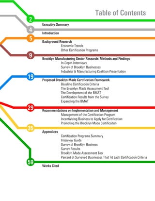 Executive Summary
Introduction
Background Research
Economic Trends
Other Certification Programs
Brooklyn Manufacturing Sector Research: Methods and Findings
In-Depth Interviews
Survey of Brooklyn Businesses
Industrial & Manufacturing Coalition Presentation
Proposed Brooklyn Made Certification Framework
Baseline Certification Criteria
The Brooklyn Made Assessment Tool
The Development of the BMAT
Certification Results from the Survey
Expanding the BMAT
Recommendations on Implementation and Management
Management of the Certification Program
Incentivizing Business to Apply for Certification
Promoting the Brooklyn Made Certificaiton
Appendices
Certification Programs Summary
Interview Guide
Survey of Brooklyn Business
Survey Results
Brooklyn Made Assessment Tool
Percent of Surveyed Businesses That Fit Each Certification Criteria
Works Cited
Table of Contents
2
4
35
29
19
9
5
59
 
