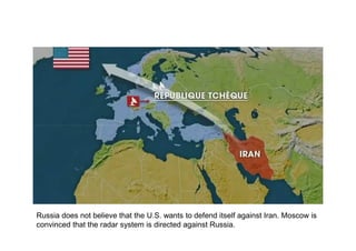 Russia does not believe that the U.S. wants to defend itself against Iran. Moscow is
convinced that the radar system is directed against Russia.
 