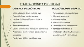 CEFALEA CRÓNICA PROGRESIVA
• Inicio subagudo, desde molestia leve.
• Progresión lenta en días-semanas
• Localización bilateral frontooccipital u
holocraneal.
• Intensidad moderada
• Cefalea continua más intensa por las mañanas.
• Presencia de papiledema en los estadios más
avanzados
• Puede haber déficit neurológico focal
CRITERIOS DIAGNÓSTICOS
• Tumores supra e infratentoriales.
• Hematoma subdural.
• Absceso cerebral
• Pseudotumor cerebral.
• Trombosis de los senos venosos
• Fármacos: Retirada de la
medicación esteroidea, Intoxicación
por plomo, vit. A y tetraciclinas
DIAGNÓSTICO DIFERENCIAL
 