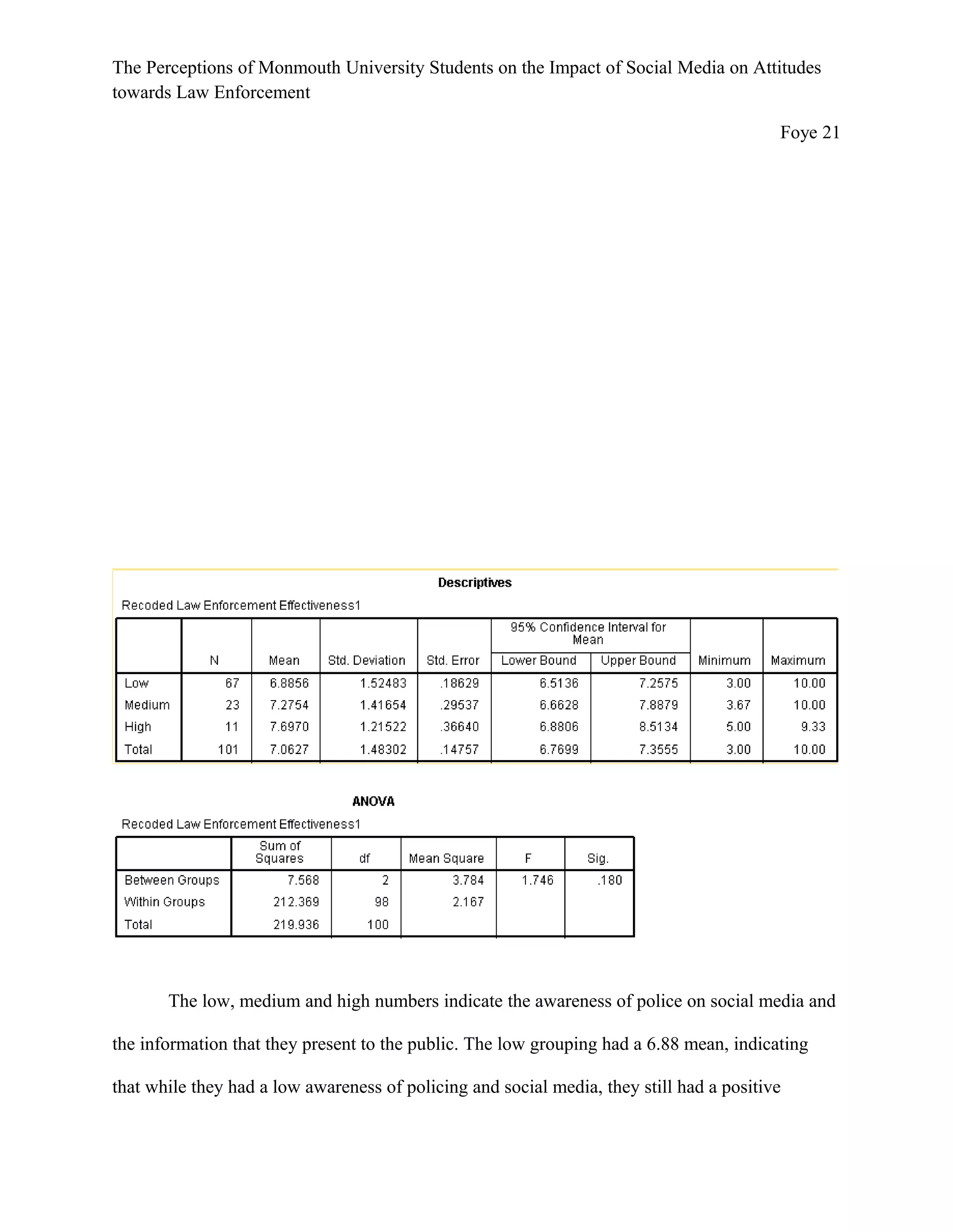 The Perceptions of Monmouth University Students on the Impact of Social Media on Attitudes
towards Law Enforcement
Foye 21
The low, medium and high numbers indicate the awareness of police on social media and
the information that they present to the public. The low grouping had a 6.88 mean, indicating
that while they had a low awareness of policing and social media, they still had a positive
 