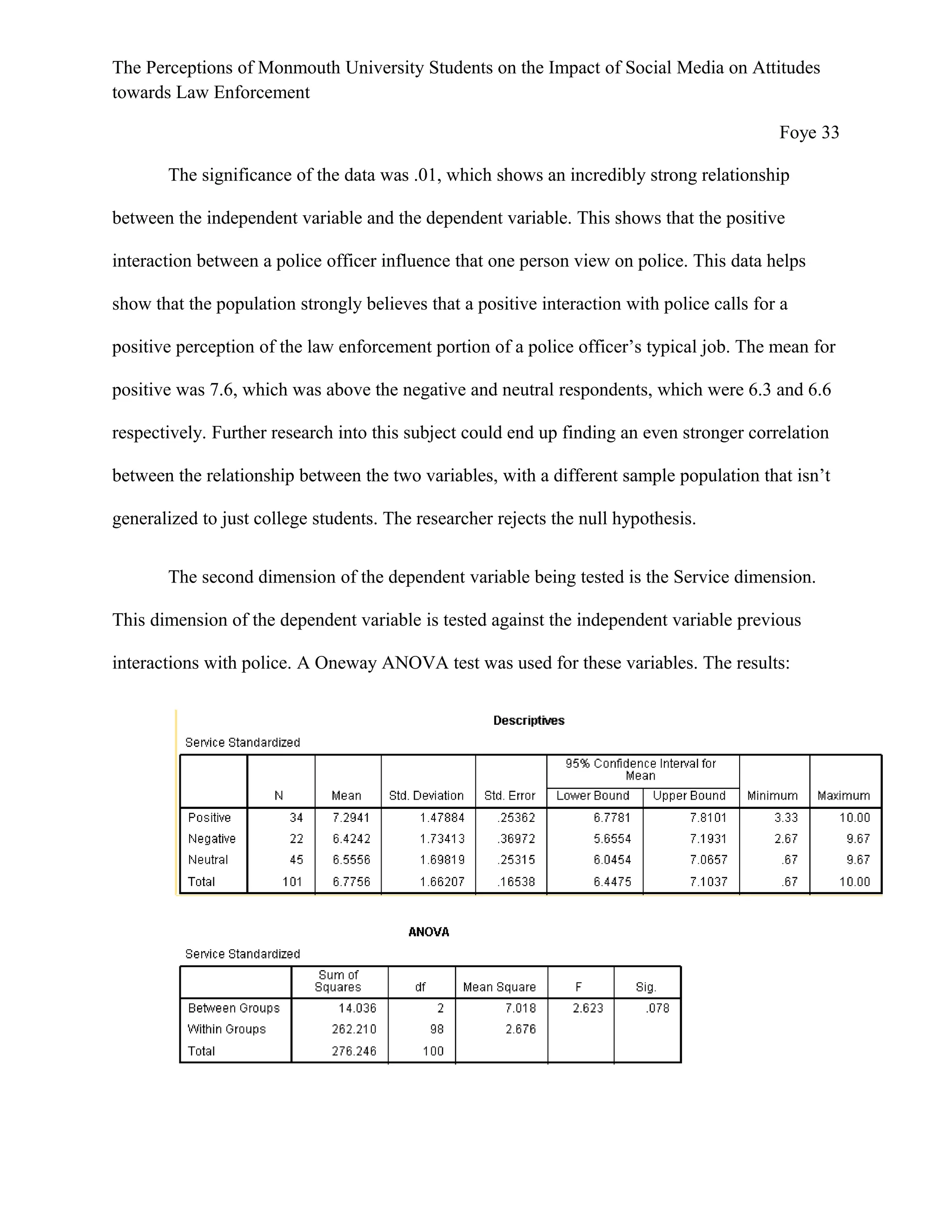 The Perceptions of Monmouth University Students on the Impact of Social Media on Attitudes
towards Law Enforcement
Foye 33
The significance of the data was .01, which shows an incredibly strong relationship
between the independent variable and the dependent variable. This shows that the positive
interaction between a police officer influence that one person view on police. This data helps
show that the population strongly believes that a positive interaction with police calls for a
positive perception of the law enforcement portion of a police officer’s typical job. The mean for
positive was 7.6, which was above the negative and neutral respondents, which were 6.3 and 6.6
respectively. Further research into this subject could end up finding an even stronger correlation
between the relationship between the two variables, with a different sample population that isn’t
generalized to just college students. The researcher rejects the null hypothesis.
The second dimension of the dependent variable being tested is the Service dimension.
This dimension of the dependent variable is tested against the independent variable previous
interactions with police. A Oneway ANOVA test was used for these variables. The results:
 